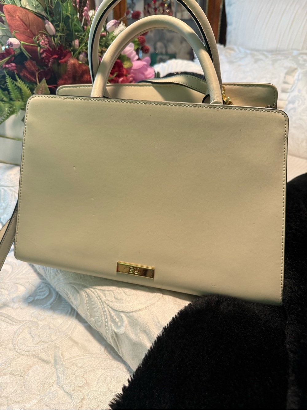 Zac Posen Cream Structured Top-Handle Tote with Gold Hardware